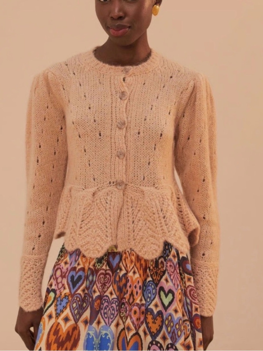 FARM Rio Ruffled Pointelle and Cable-Knit Cardigan